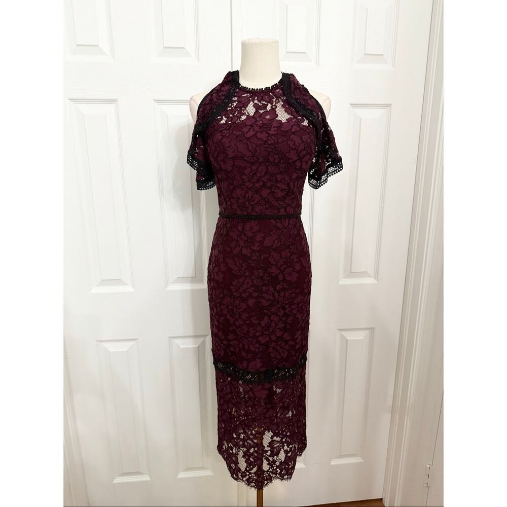 Alexis Womens Burgundy Evie Cold Shoulder Floral Lace Midi Sheath Dress Size XS